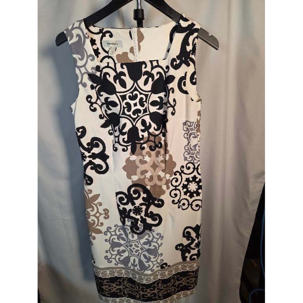 Dressbarn Womens Black Tan Damask Print Sleeveless Sheath Dress Size 10 Sq. Neck